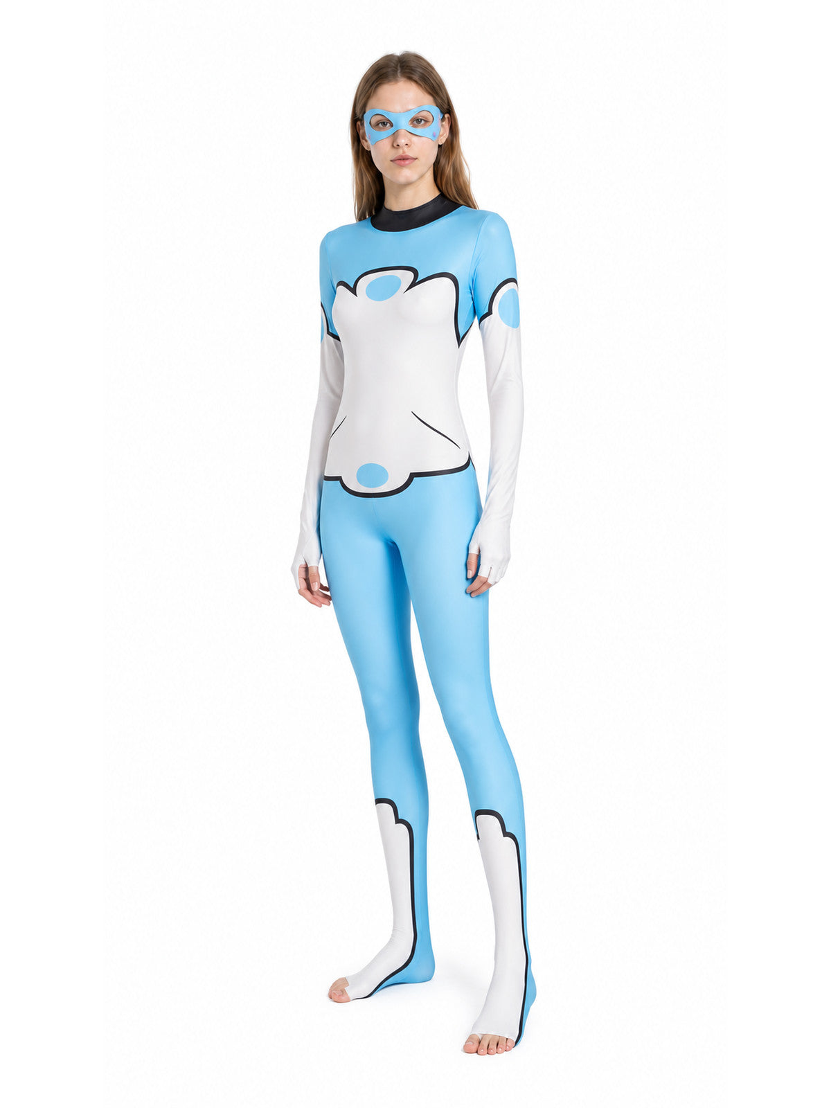 Cosplay jumpsuit with a light blue, white, and black mask