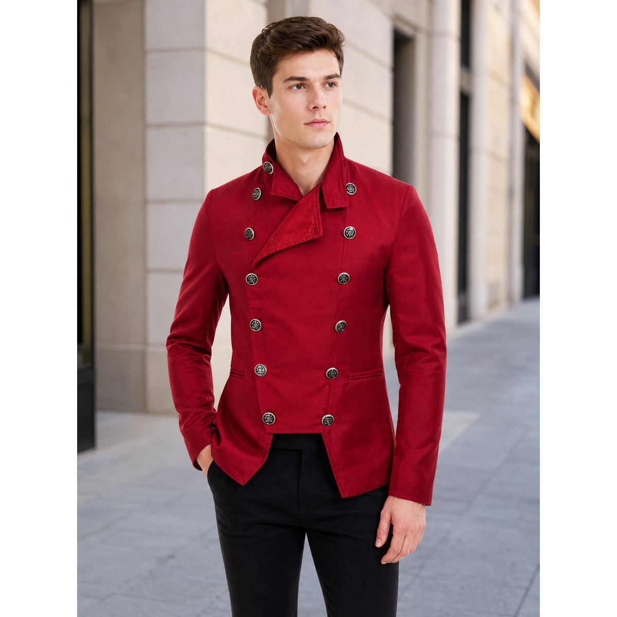 The jacket is presented in a vintage red color and designed in a military style with elements of Gothic aesthetics. The model features a distinctive front construction with a diagonal wrap, giving the garment a bold character. A double row 
