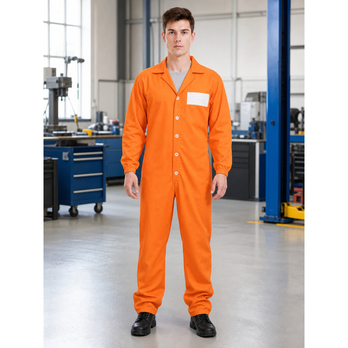 Full-body model wearing an orange jumpsuit with white chest patch and black shoes in an industrial workshop