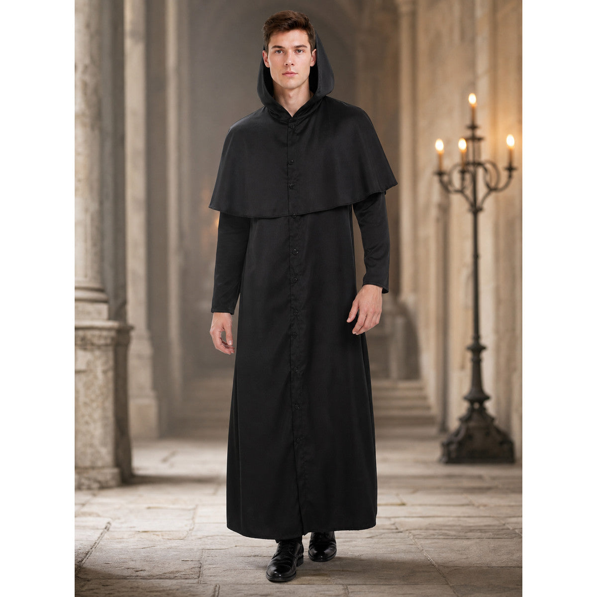 Halloween Costume: Black Hooded Cloak lifestyle view