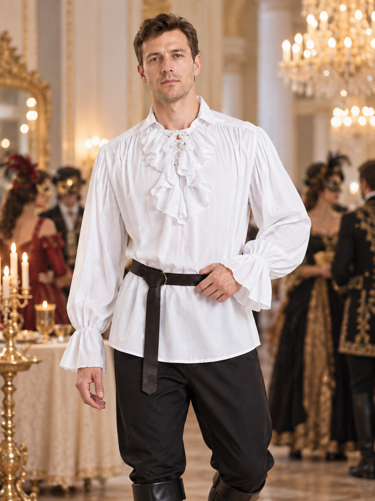 White shirt with jabot, ruffles and long sleeves, with belt