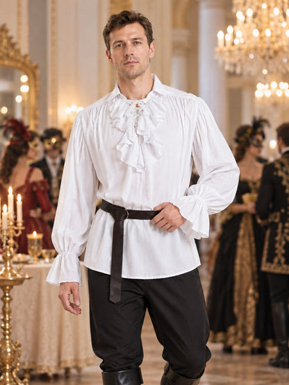 White shirt with jabot, ruffles and long sleeves, with belt