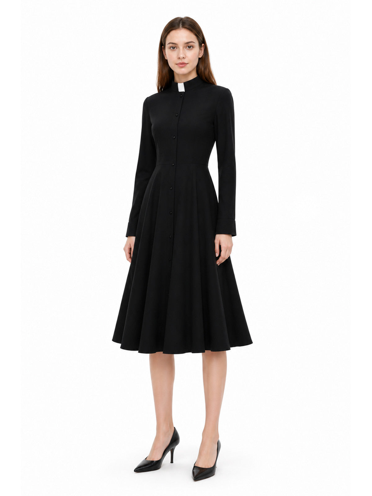Black Button-Front Dress with Stand Collar for Cosplay