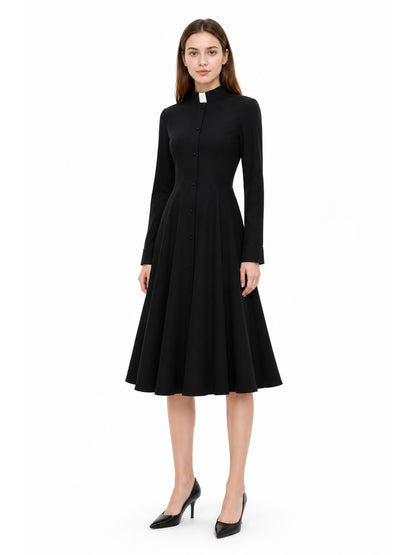 Black Button-Front Dress with Stand Collar for Cosplay