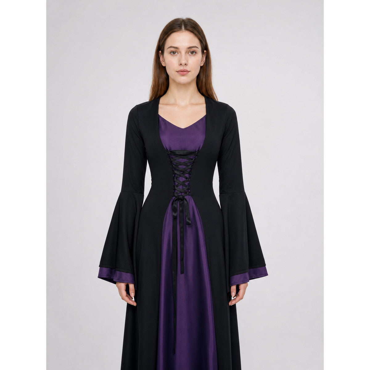 Gothic costume dress with corset lacing upper body view
