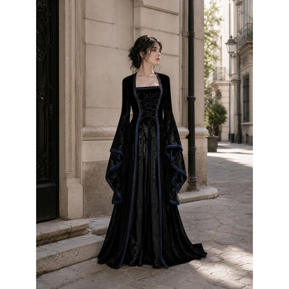 Gothic Black Dress with Lace-Up Detail and Long Sleeves