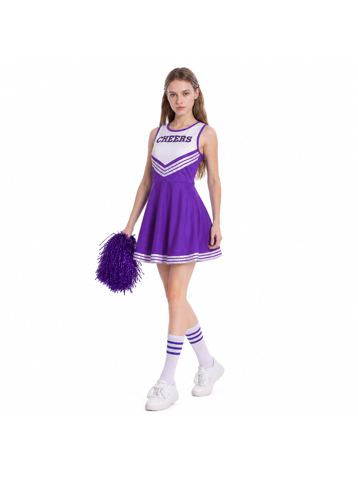 Cheerleader Costume with Pom-Poms and Striped Knee-High Socks