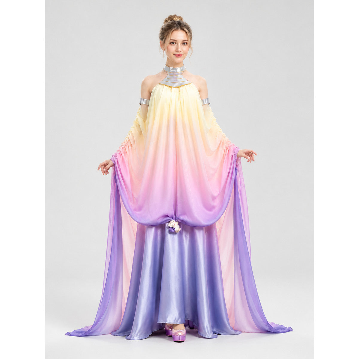 Amidala Cosplay Dress with Long Skirt and Sleeves on-model front view