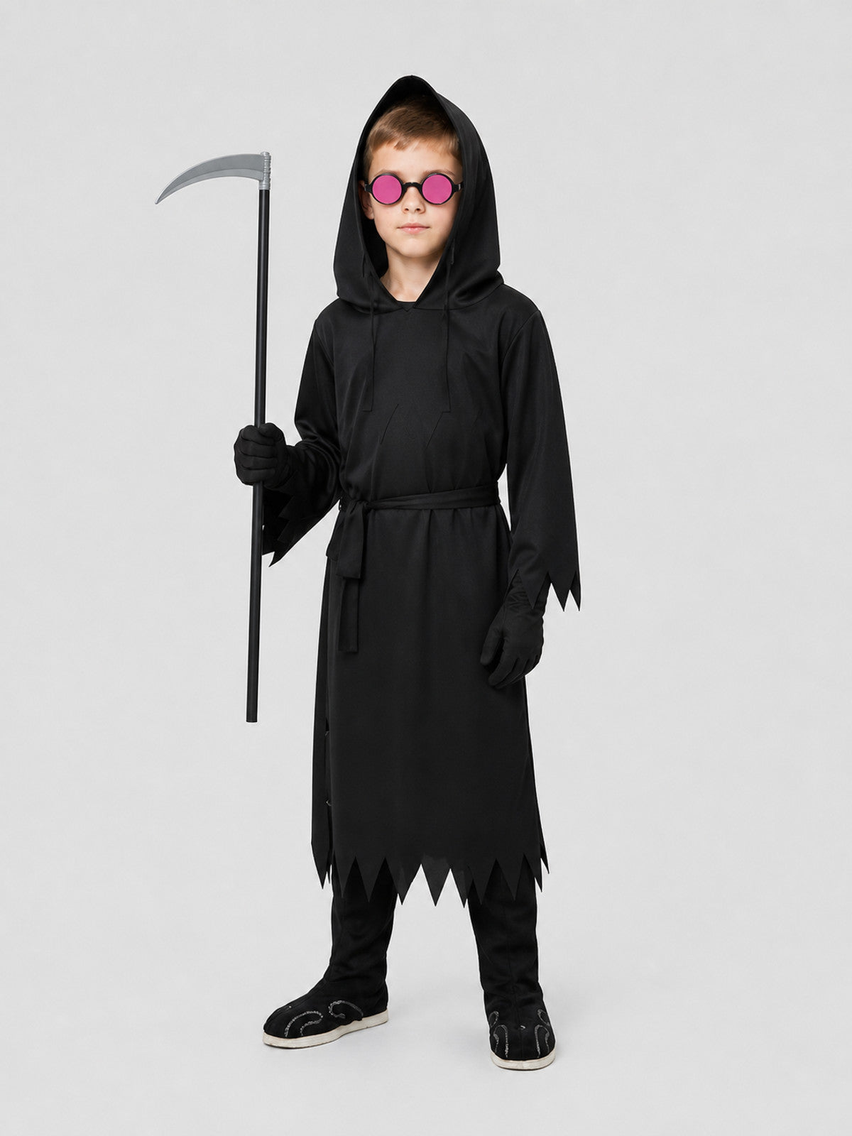 Skeleton Costume: Black Hooded Robe with Scythe