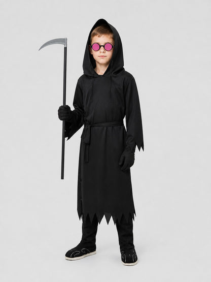 Skeleton Costume: Black Hooded Robe with Scythe