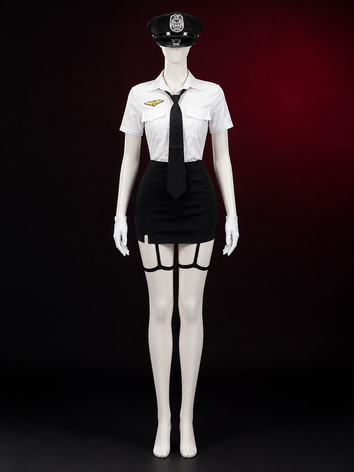 Women's Police Officer Costume Set With White Shirt, Black Skirt, Hat, Gloves main product view