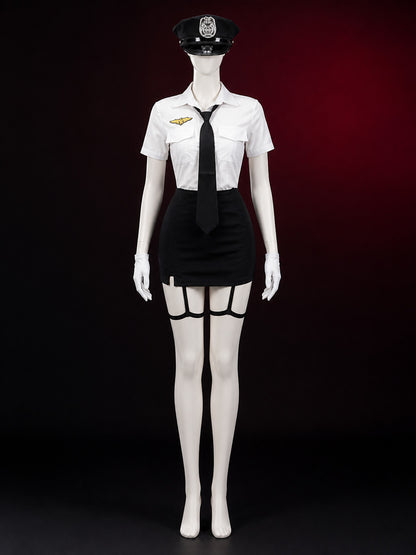 Women's Police Officer Costume Set With White Shirt, Black Skirt, Hat, Gloves main product view