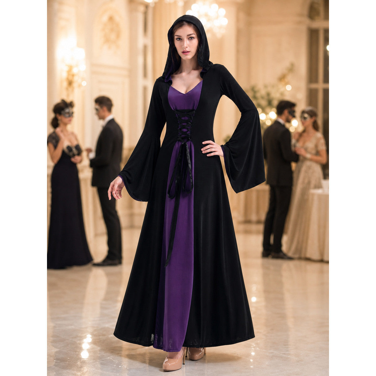 Black Gothic-Style Dress with Hood and Lacing