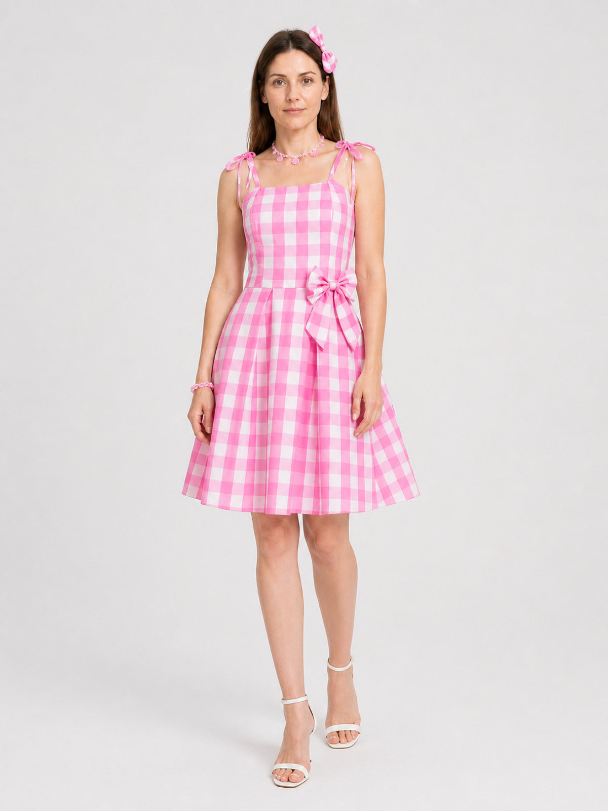 Cosplay Dress in a Large Pink-and-White Checkered Pattern with Bow Costume Dresses detail