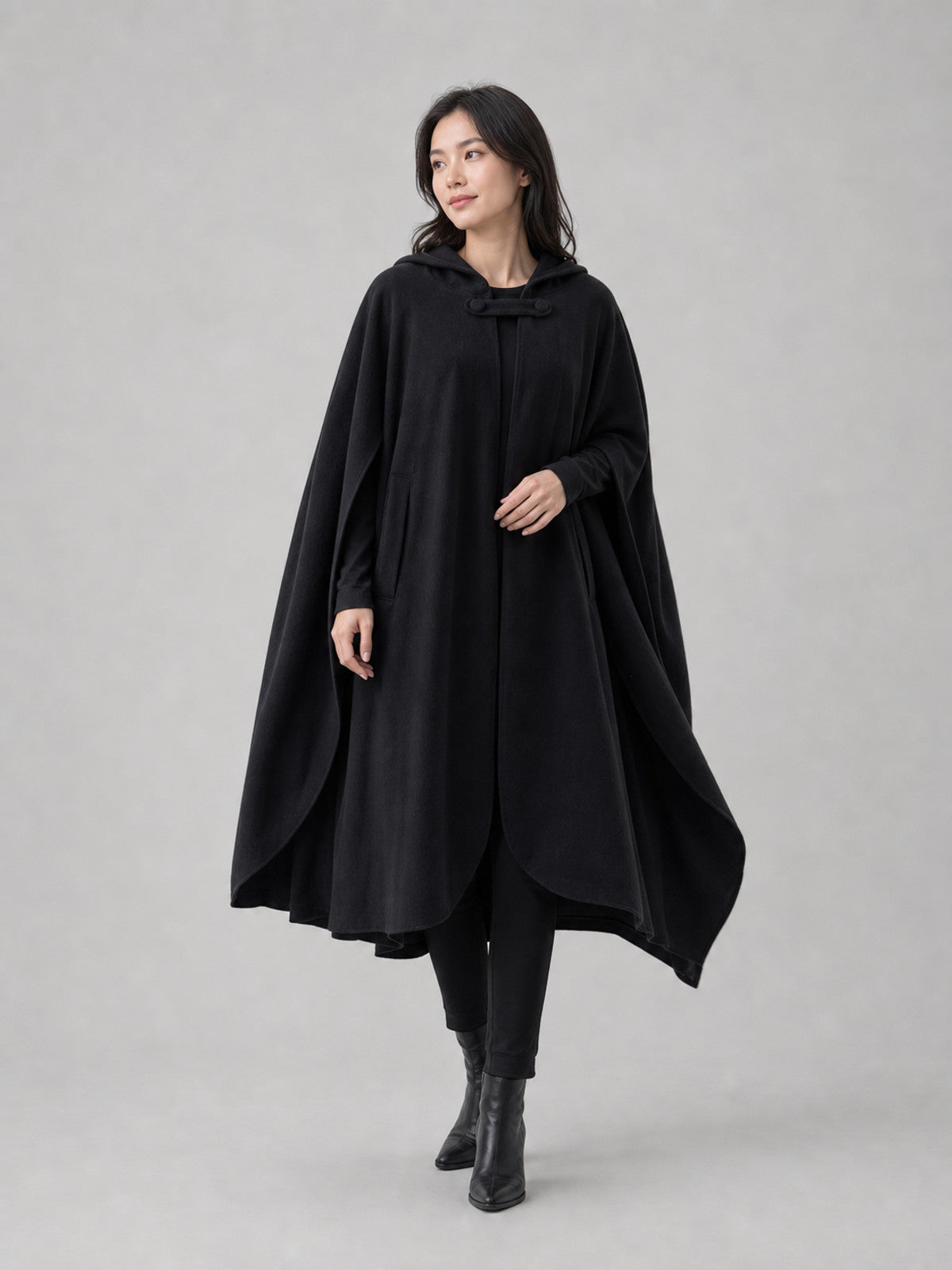 Long Black Hooded Cape with Clasp Costume Capes detail