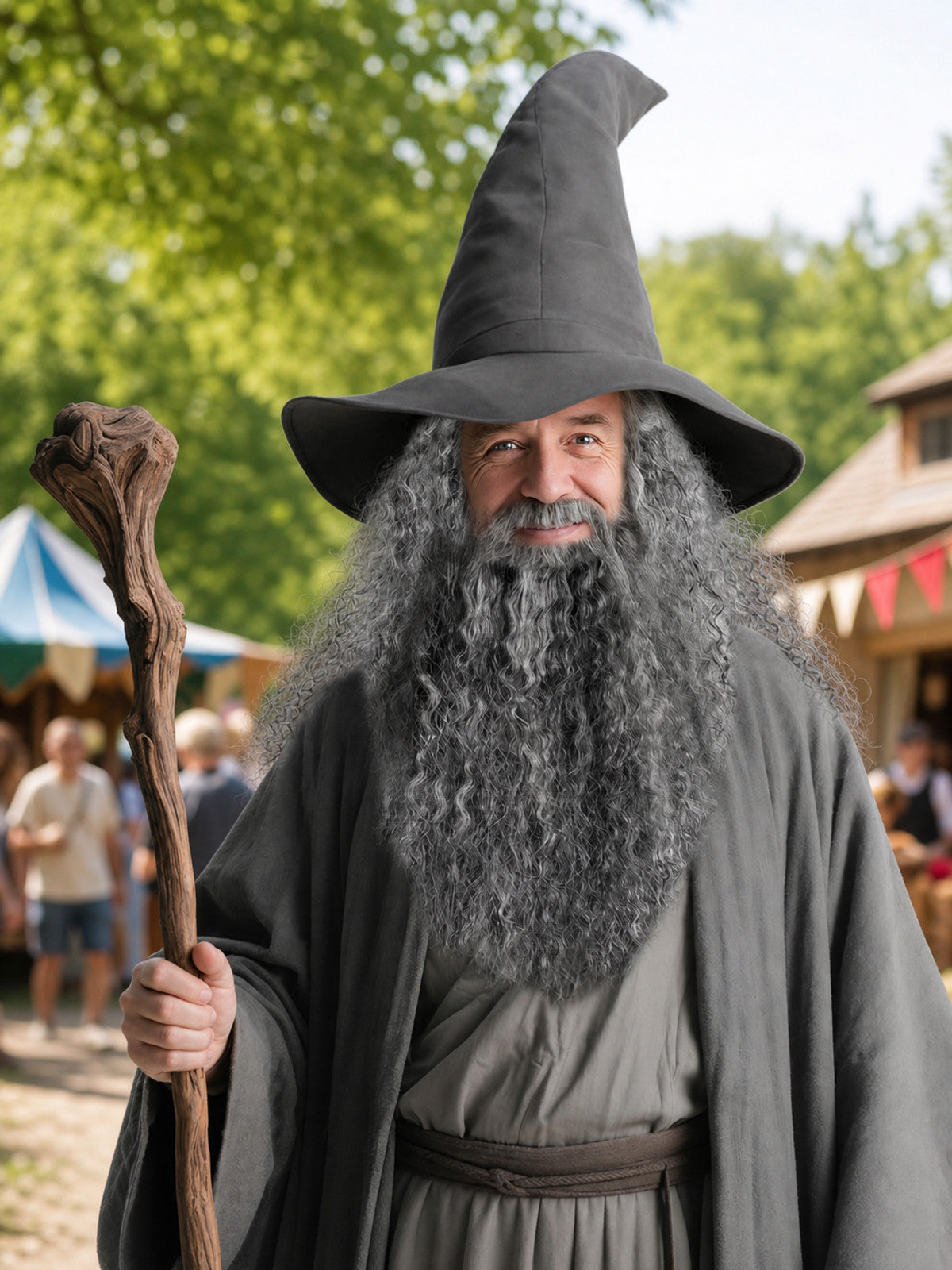 Pointed black hat and long gray beard worn by a robed man holding a wooden staff outdoors