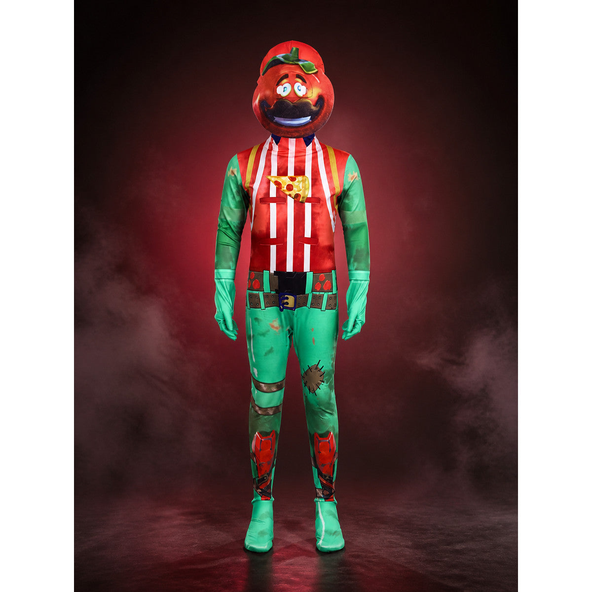 Tomato Striped Onesie Costume with Headpiece and Pizza Print main product view
