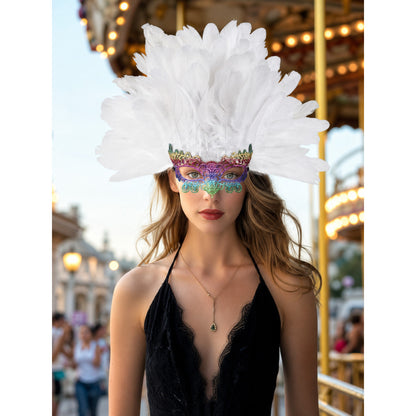 Masquerade headpiece with feathers and a mask lifestyle