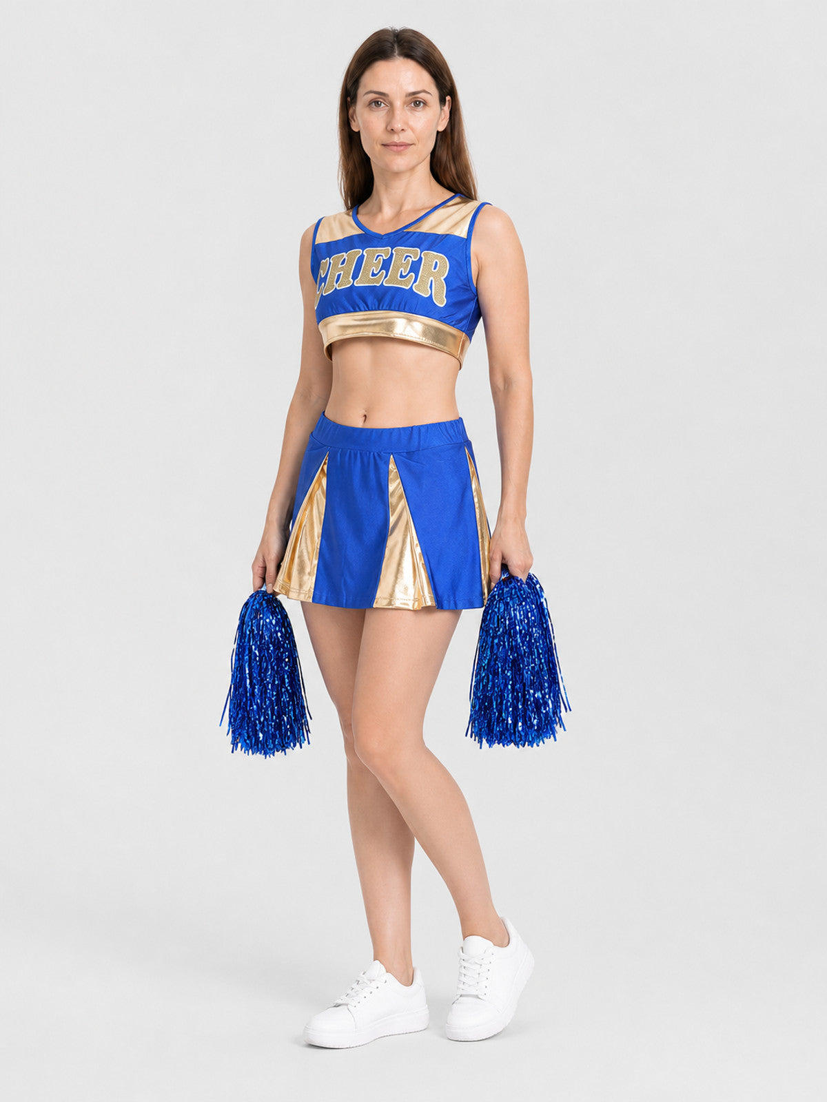 Cheerleading Costume: Top, Skirt, and Blue Pom-Pom Costumes detail