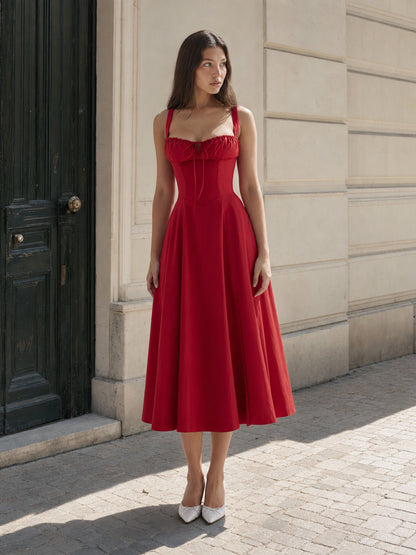 Red Midi Dress with Ruched Bodice and Lacing