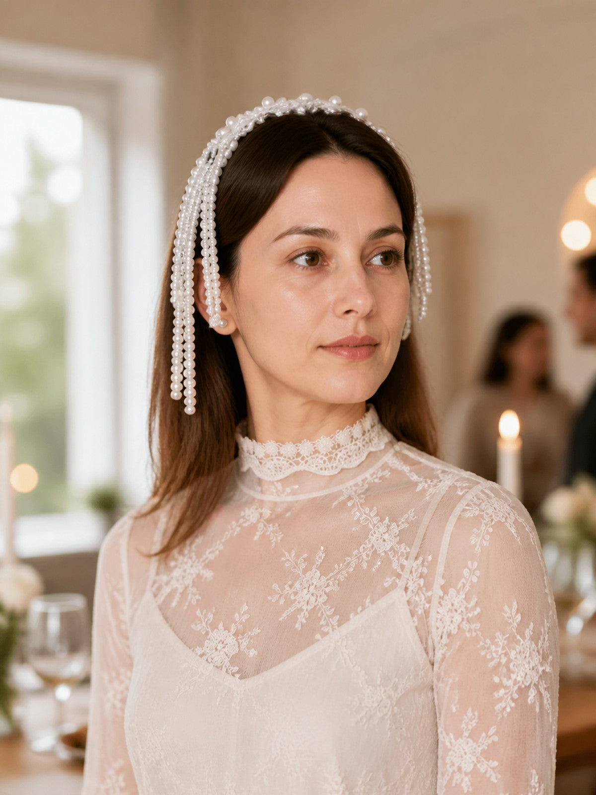 Carnival Headpiece with White Pearl Chains lifestyle view