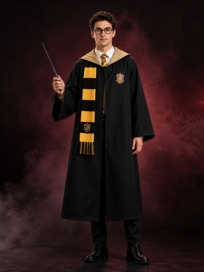 Hufflepuff Wizard Costume Set, Hooded Robe With Tie, Scarf, Glasses & Wand main product view