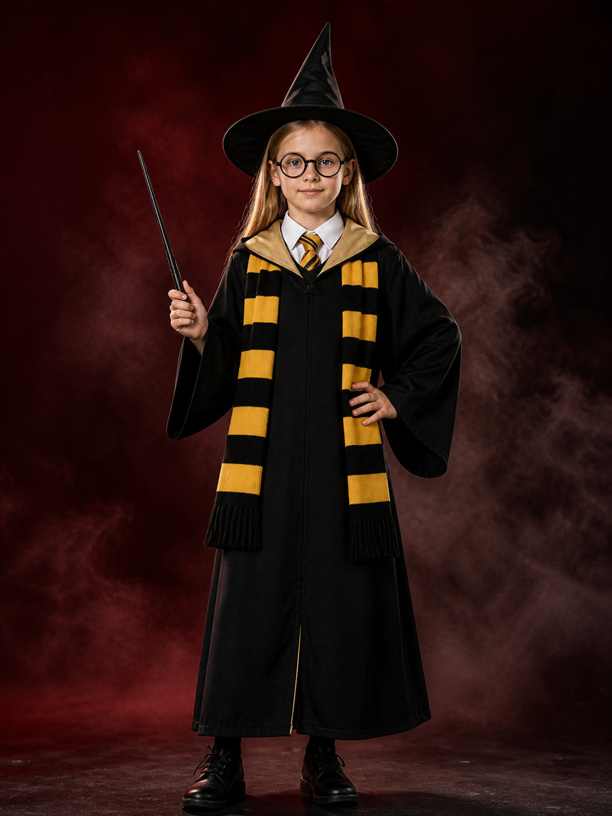 Black Hooded Wizard Robe Costume Set With Hat, Scarf, Tie, Wand And Round