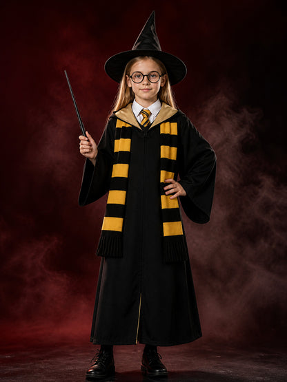 Black Hooded Wizard Robe Costume Set With Hat, Scarf, Tie, Wand And Round