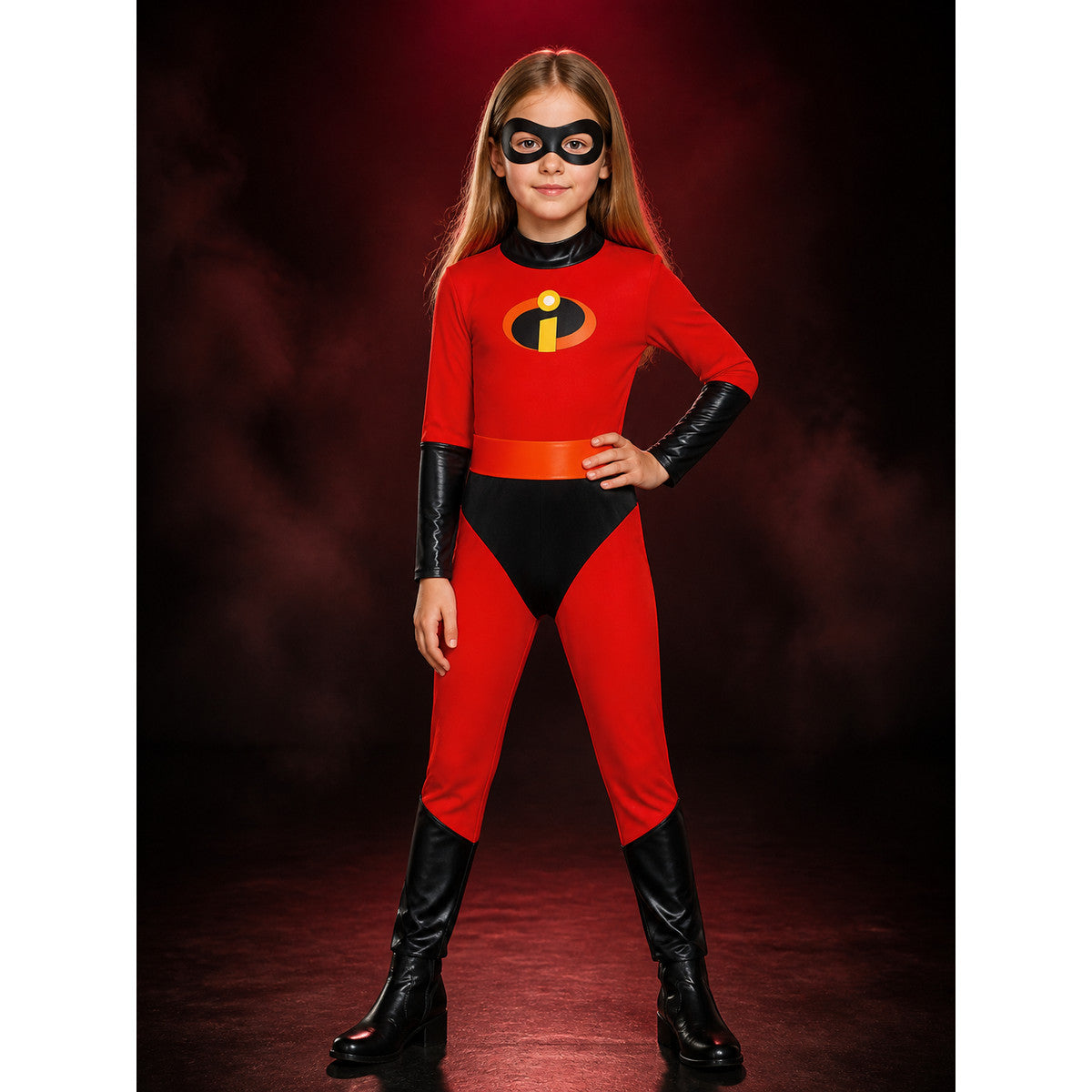 Kids Superhero Bodysuit Costume, Red Long Sleeve One-Piece with Black-Yellow main product view