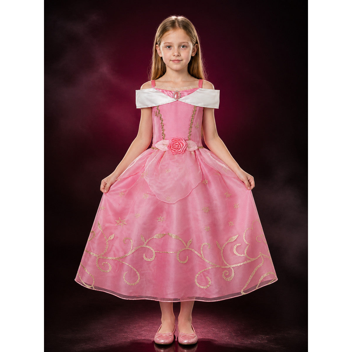 Girls' Princess Dress Costume, White Collar & Gold Trim, Pink Tutu Dress main product view