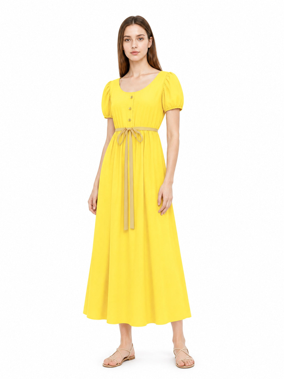 Long Yellow Button-Front Dress with Drawstring Costume Dresses detail