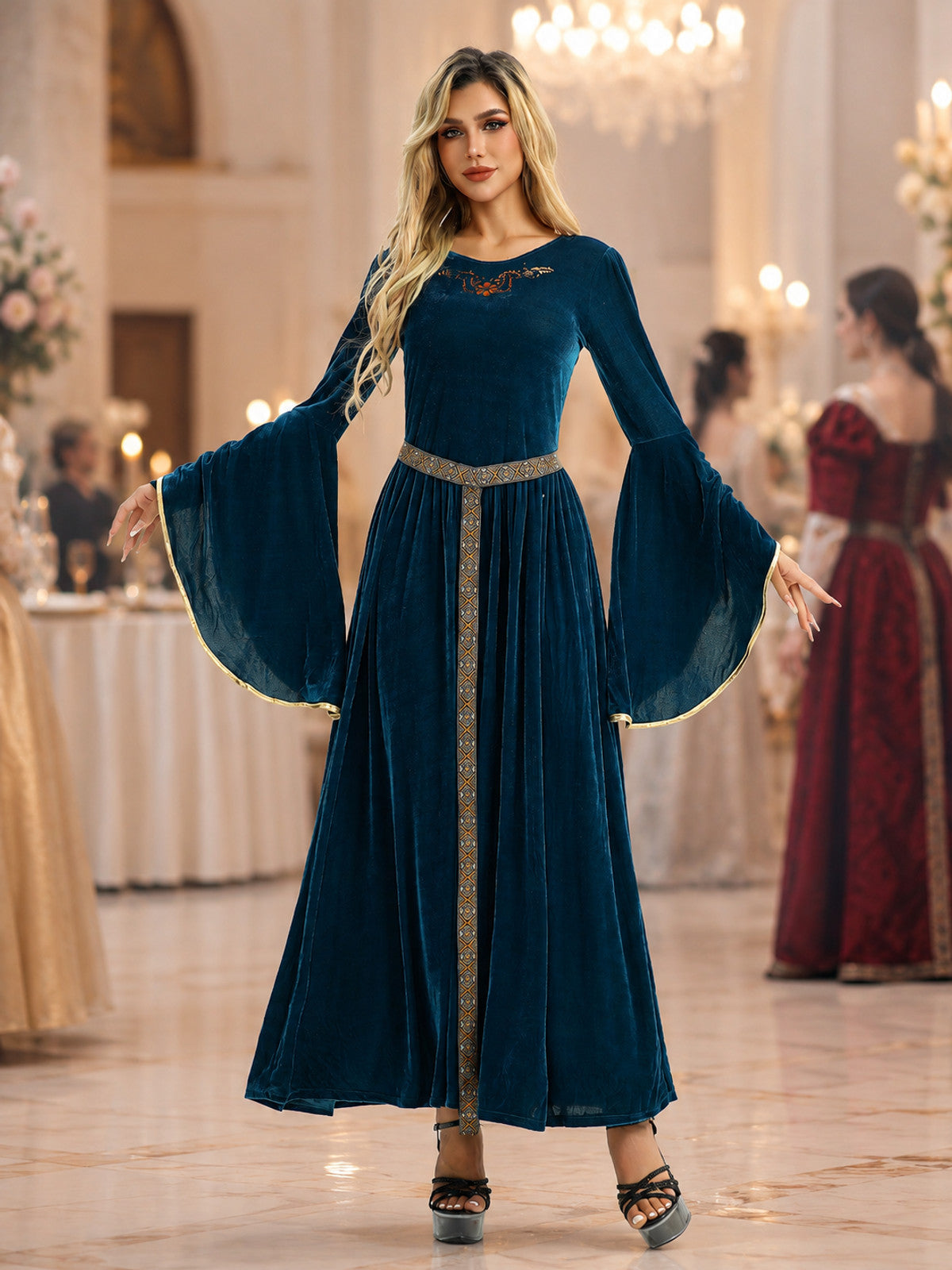 Blue Carnival Velour Dress with Gold-Tone Trim lifestyle view