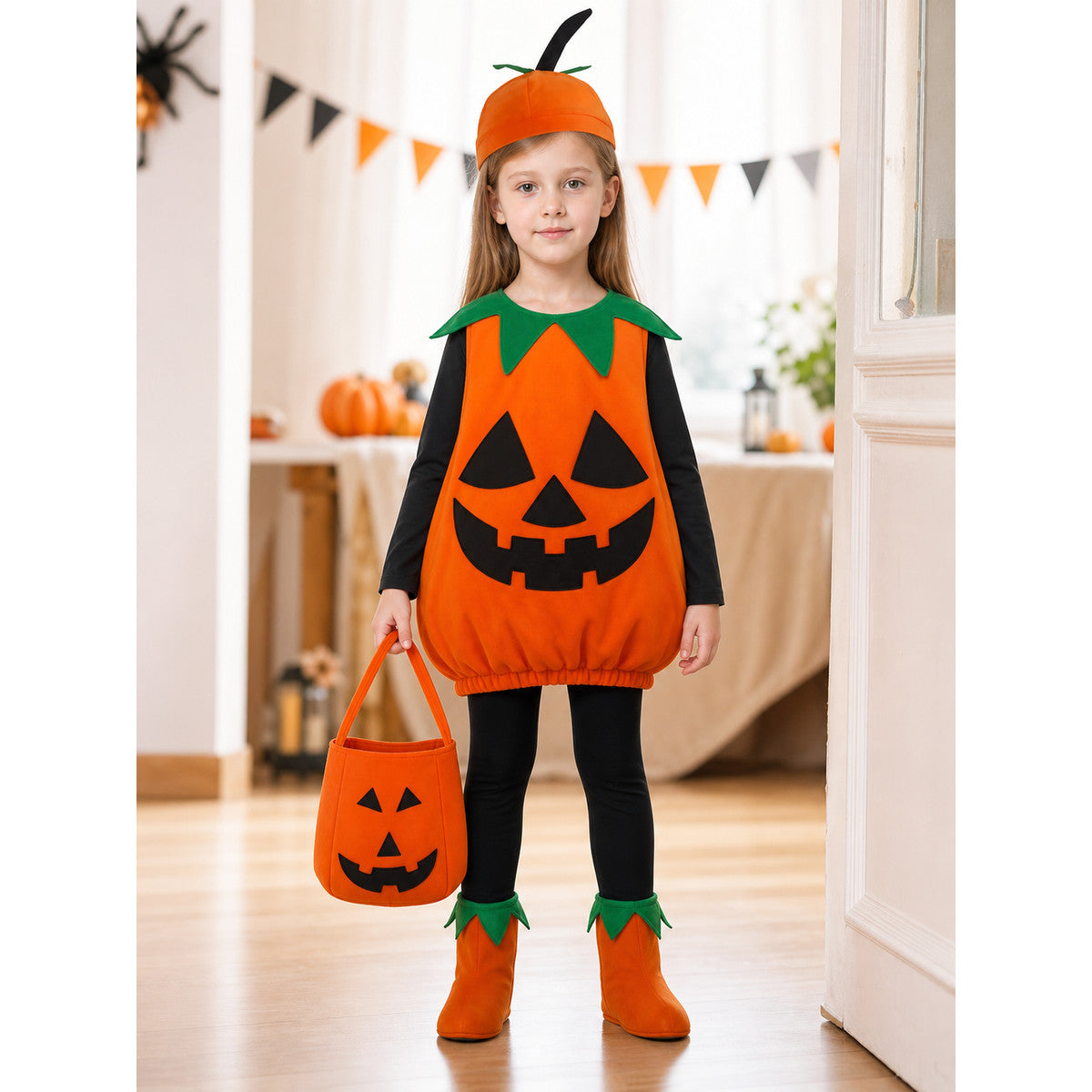 Kids' pumpkin Halloween costume with jack-o'-lantern face, green leaf collar, pumpkin hat and treat bag in a Halloween party room