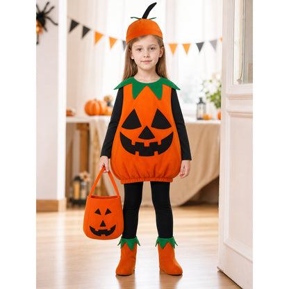 Kids' pumpkin Halloween costume with jack-o'-lantern face, green leaf collar, pumpkin hat and treat bag in a Halloween party room