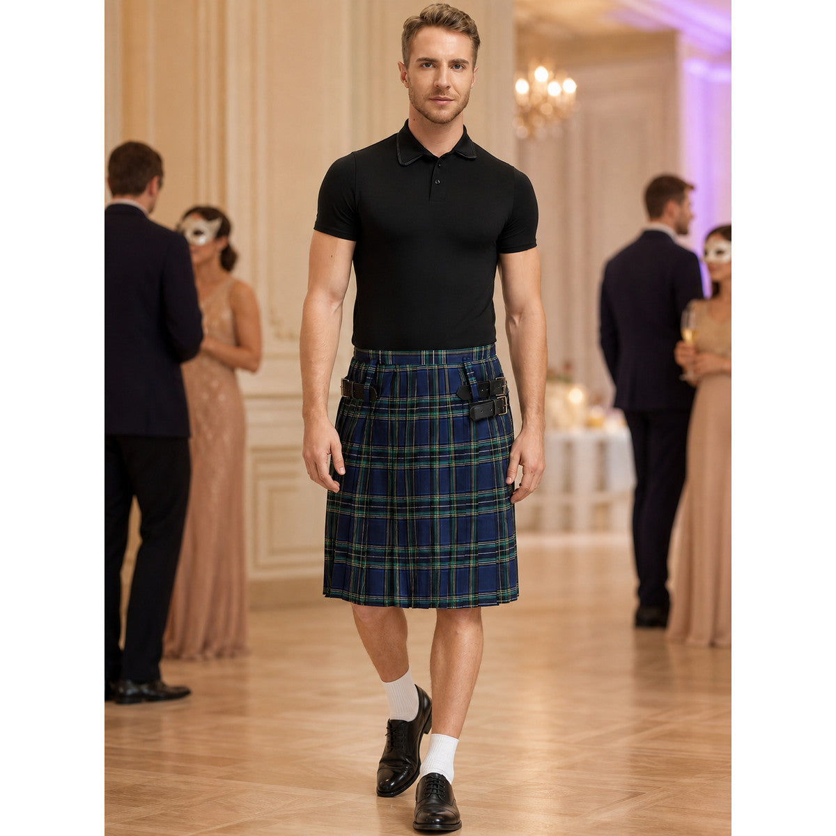 The plaid skirt is designed in a Scottish style and decorated with a crisscross pattern in blue and white, green, and black. Plaid runs across the entire surface of the garment, creating a distinctive, recognizable look. The skirt has a str
