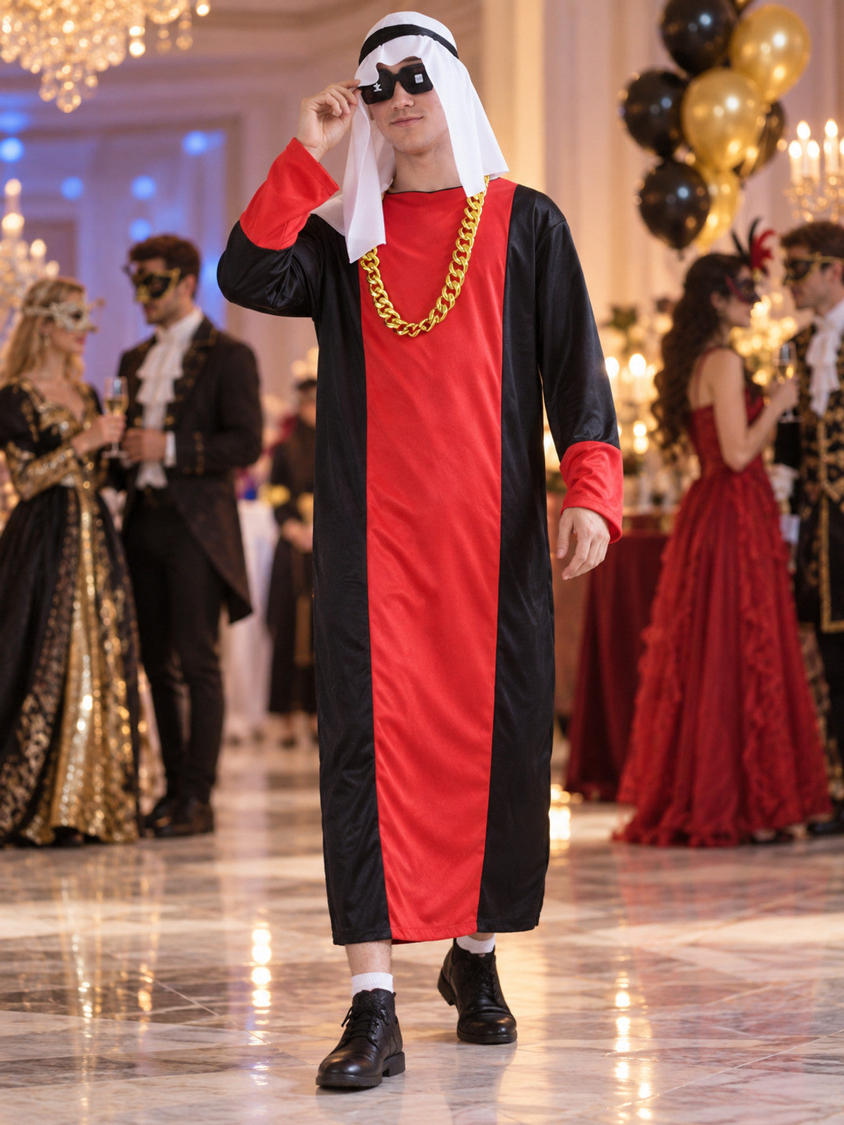 Carnival costume with headpiece, glasses, and chain