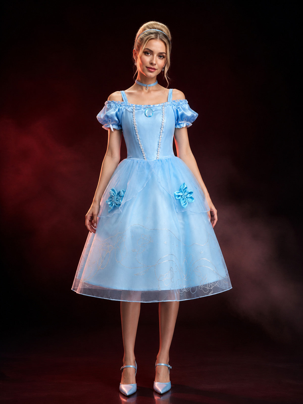 Girls Princess Cosplay Dress Costume, Light Blue Puffy Sleeve Tutu with Silver