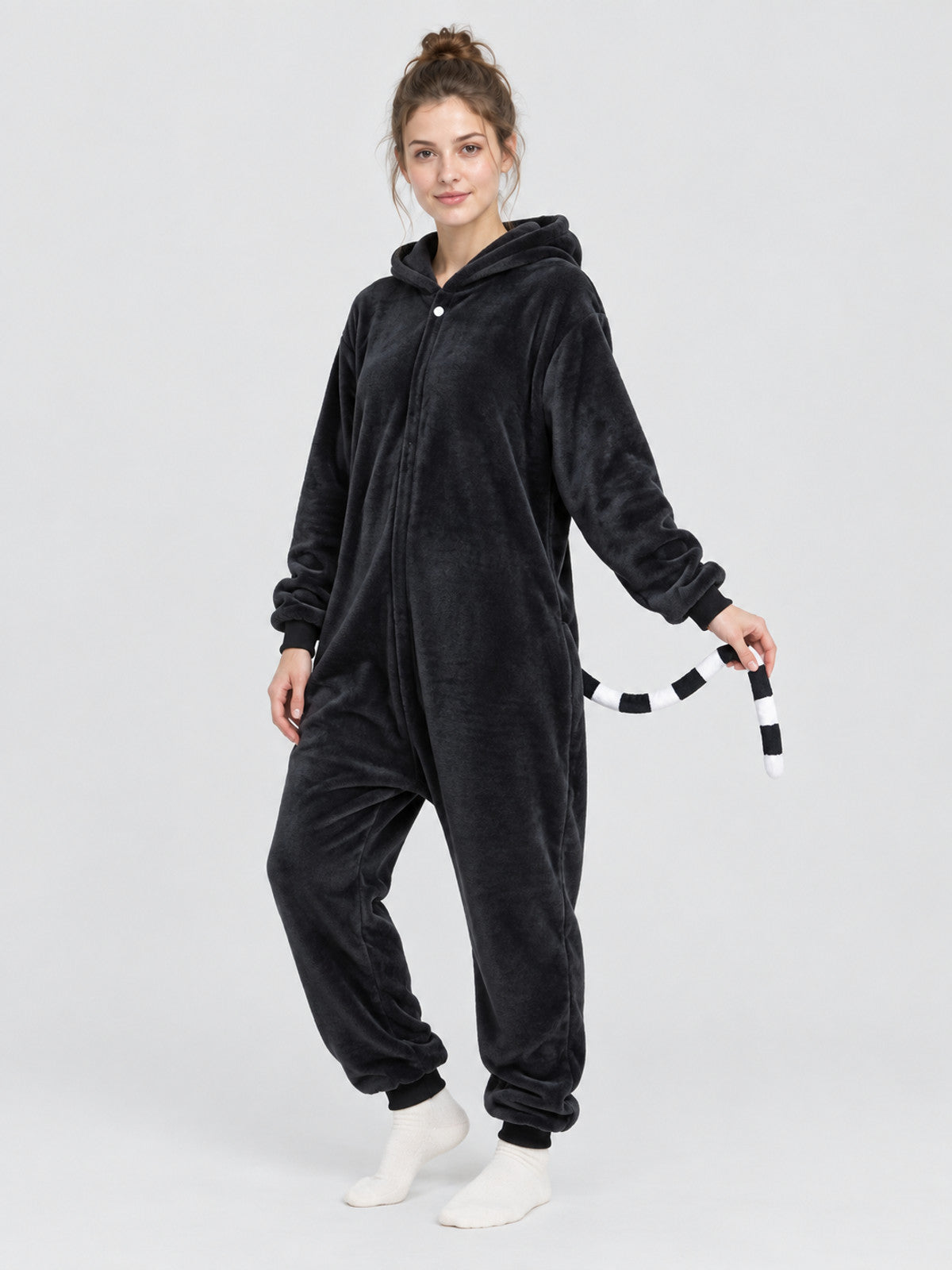 Black hooded pajama jumpsuit with decorative tail