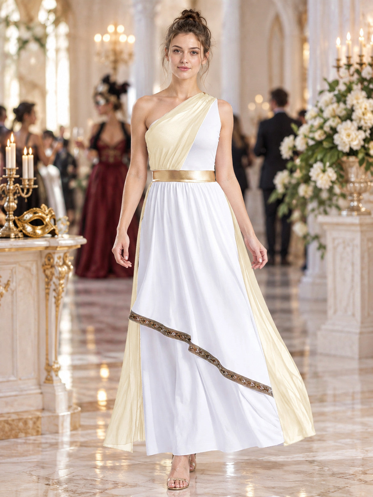Floor-Length One-Shoulder Dress with Drapery and Belt