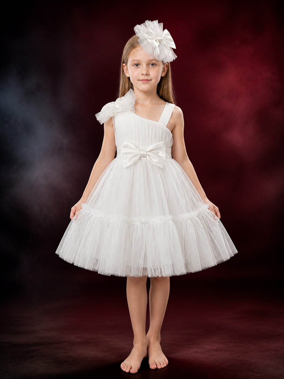 Girls' White Princess Dress Set, One-Shoulder Bow Tulle Party Outfit With main product view
