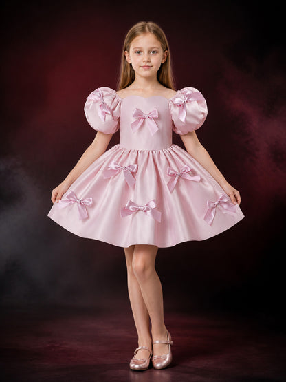 Toddler Girls' Pink Princess Party Dress with Puff Sleeves and Bow Decorations main product view