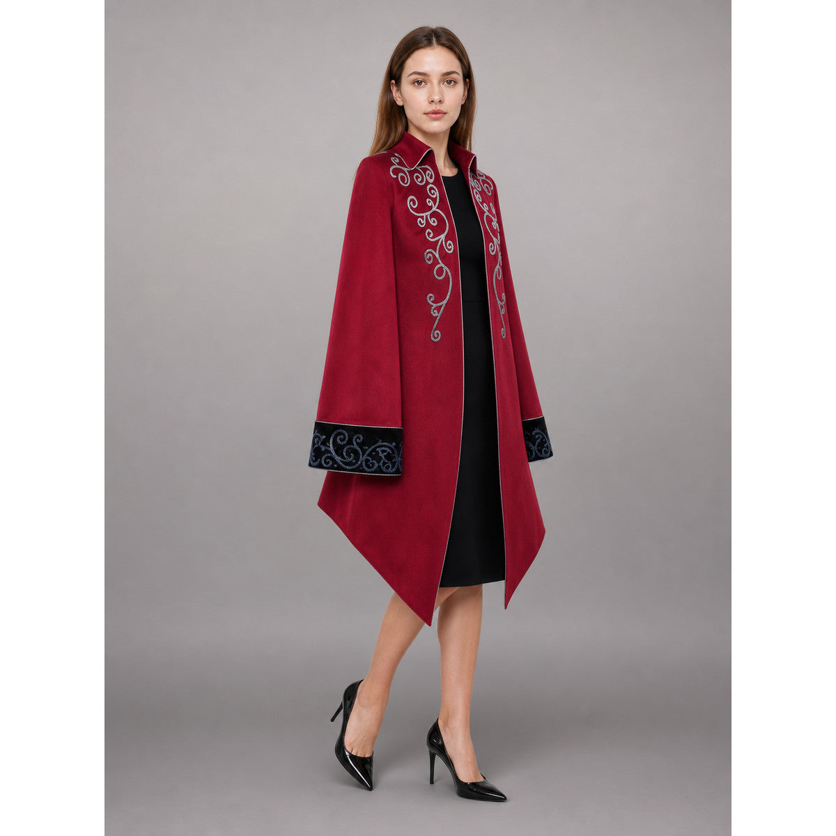 Burgundy tailcoat with embroidery and black panels occasion guide