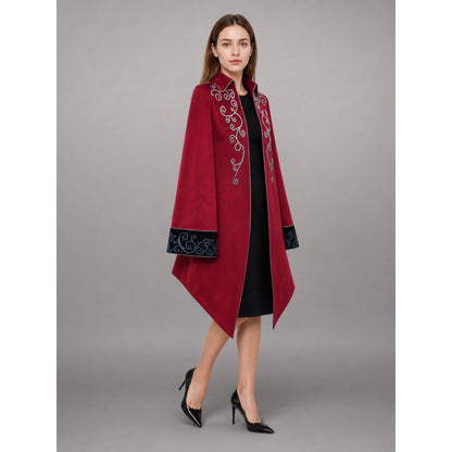 Burgundy tailcoat with embroidery and black panels occasion guide