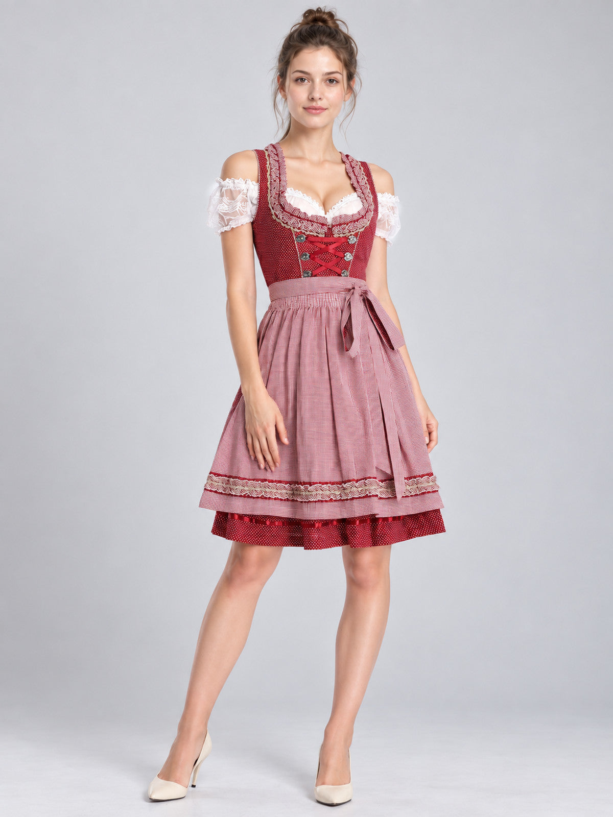 Dirndl-Style Dress Set with Apron, Red and White