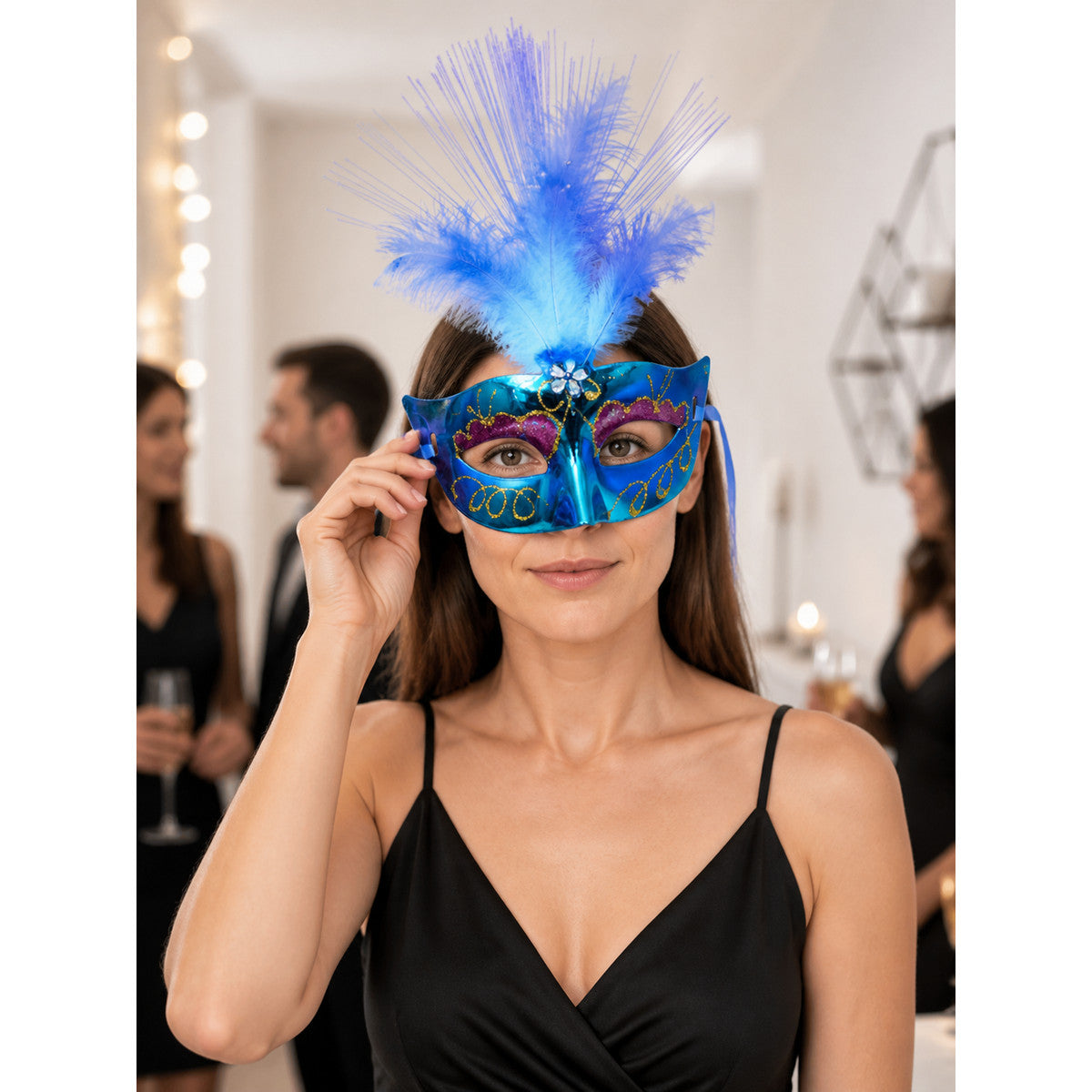 Blue Carnival Mask with Feathers and LED Lighting lifestyle view