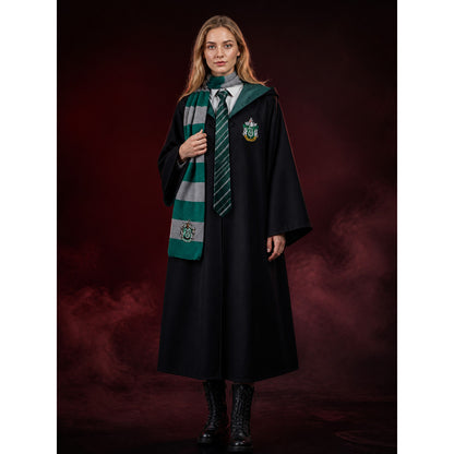 Green Gray Striped Wizard Cloak Costume Set with Hooded Robe, Scarf, and Tie main product view