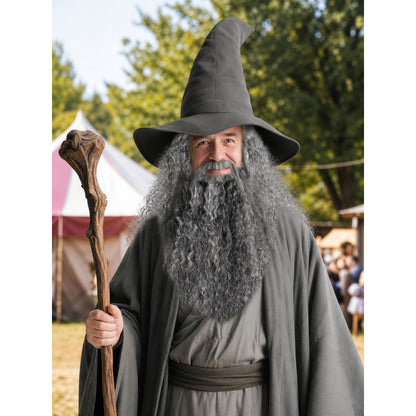 Pointed black hat and long gray beard shown on a robed man holding a wooden staff in an outdoor scene