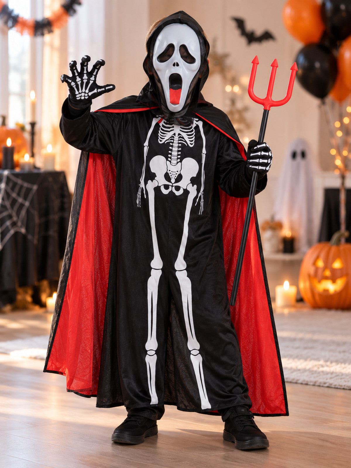 Skeleton Carnival Costume with Mask, Cape, and Trident