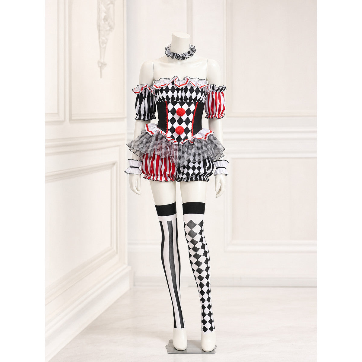Red, White, and Black Ruffled Clown Costume for Halloween lifestyle view