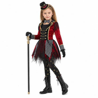 Clown Costume with an Asymmetrical Skirt, Red and Black on-model front view